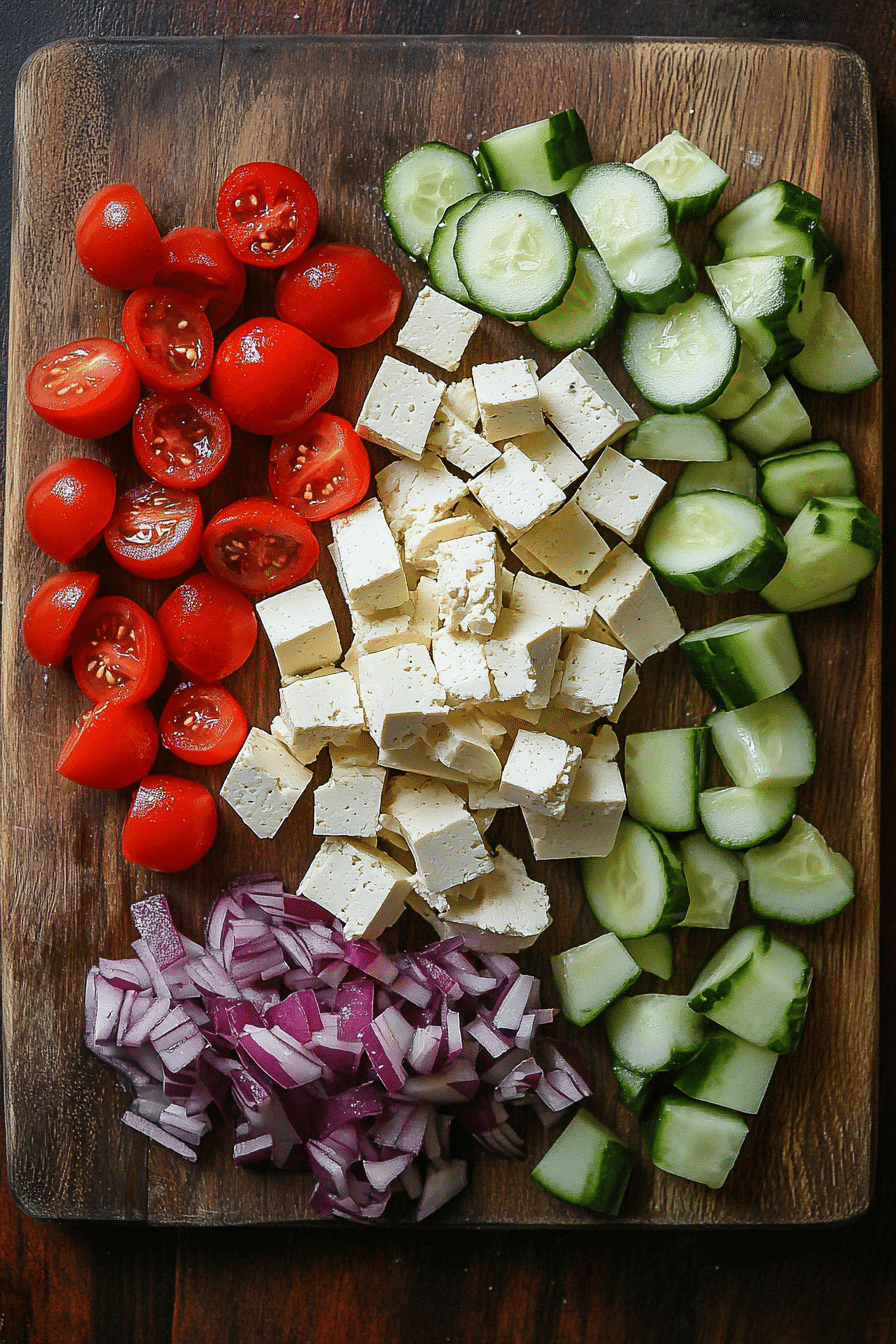 greek-salad-vegan-ingredients. Vegan Greek salad ingredients on board