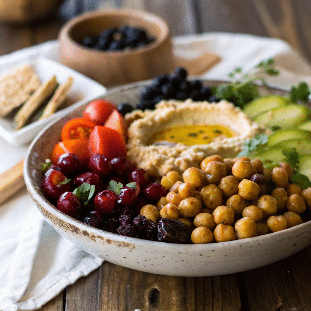 mediterranean-vegan-bowl (1) Mediterranean vegan bowl with hummus, quinoa, and chickpeas