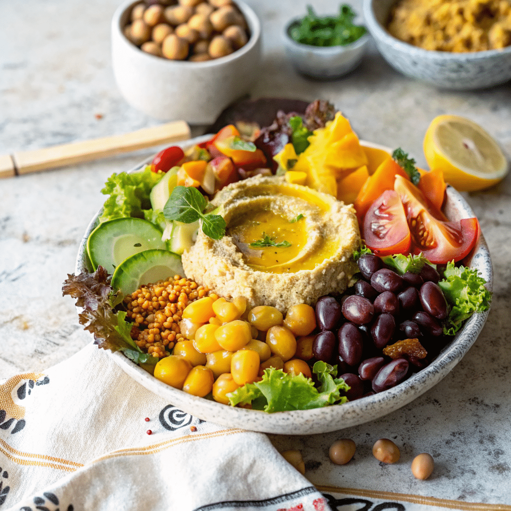 Mediterranean vegan bowl with hummus, quinoa, and chickpeas