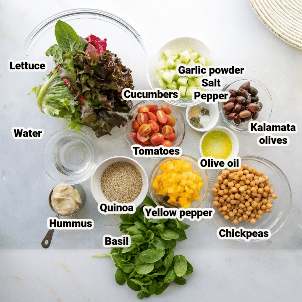ingredients-mediterranean-vegan-bowl (4) Mediterranean vegan bowl with hummus, quinoa, and chickpeas