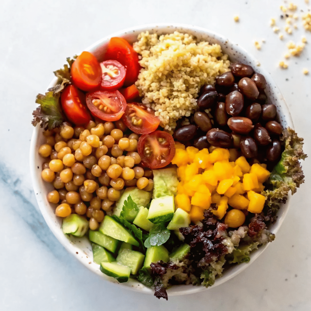 mediterranean-vegan-bowl (5) Mediterranean vegan bowl with hummus, quinoa, and chickpeas