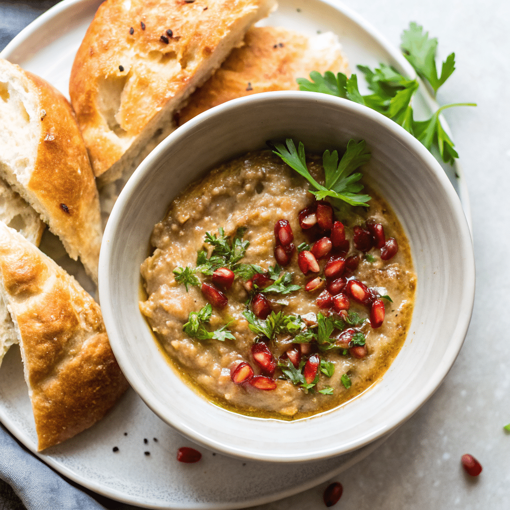 vegan baba ganoush recipe in rustic bowl with pita