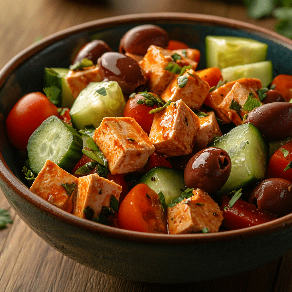 Vegan Greek salad recipe in bowl