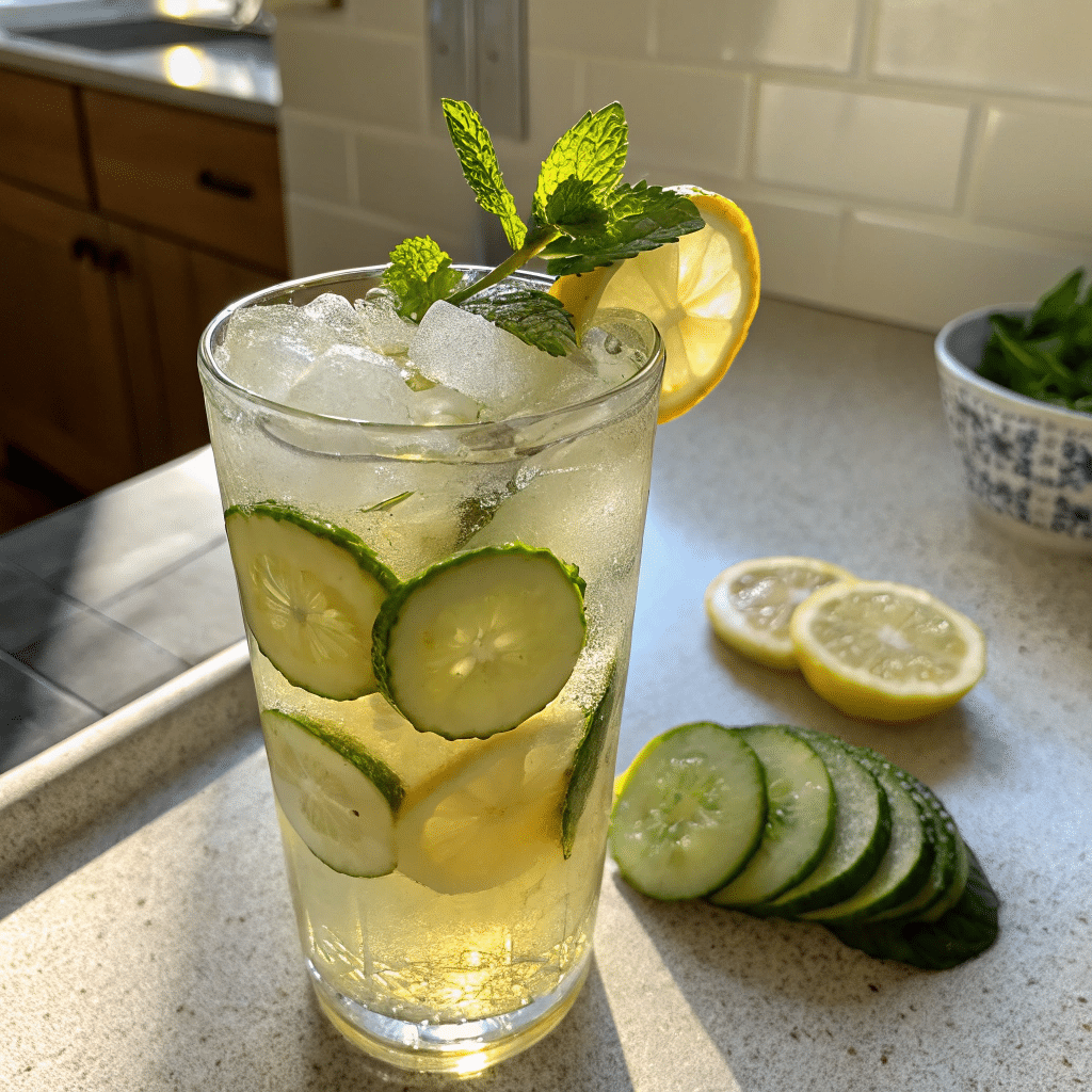 Pickle Lemonade (1) Glass of pickle lemonade with lemon and pickle slices