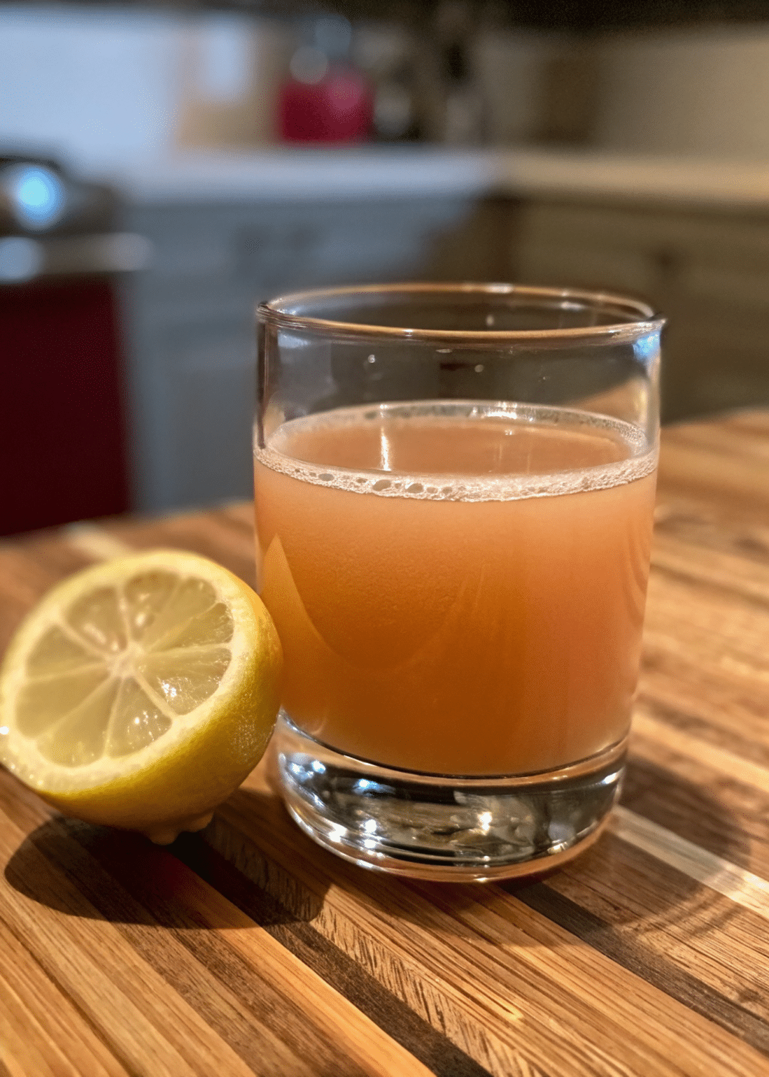Pink Salt Trick Recipe (2) Glass of pink salt water with lemon on marble