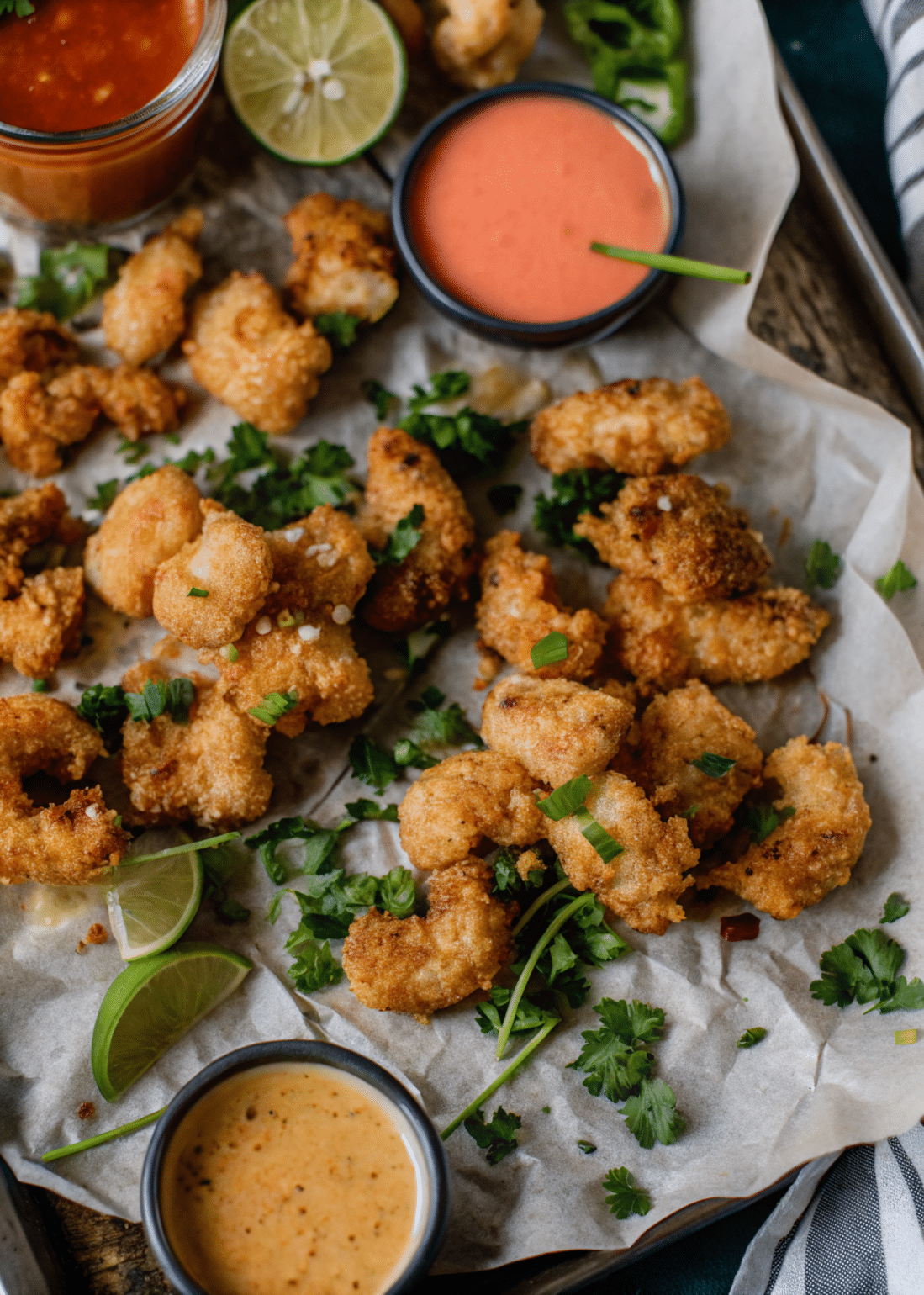 shrimp in skillet with herbs and lemon